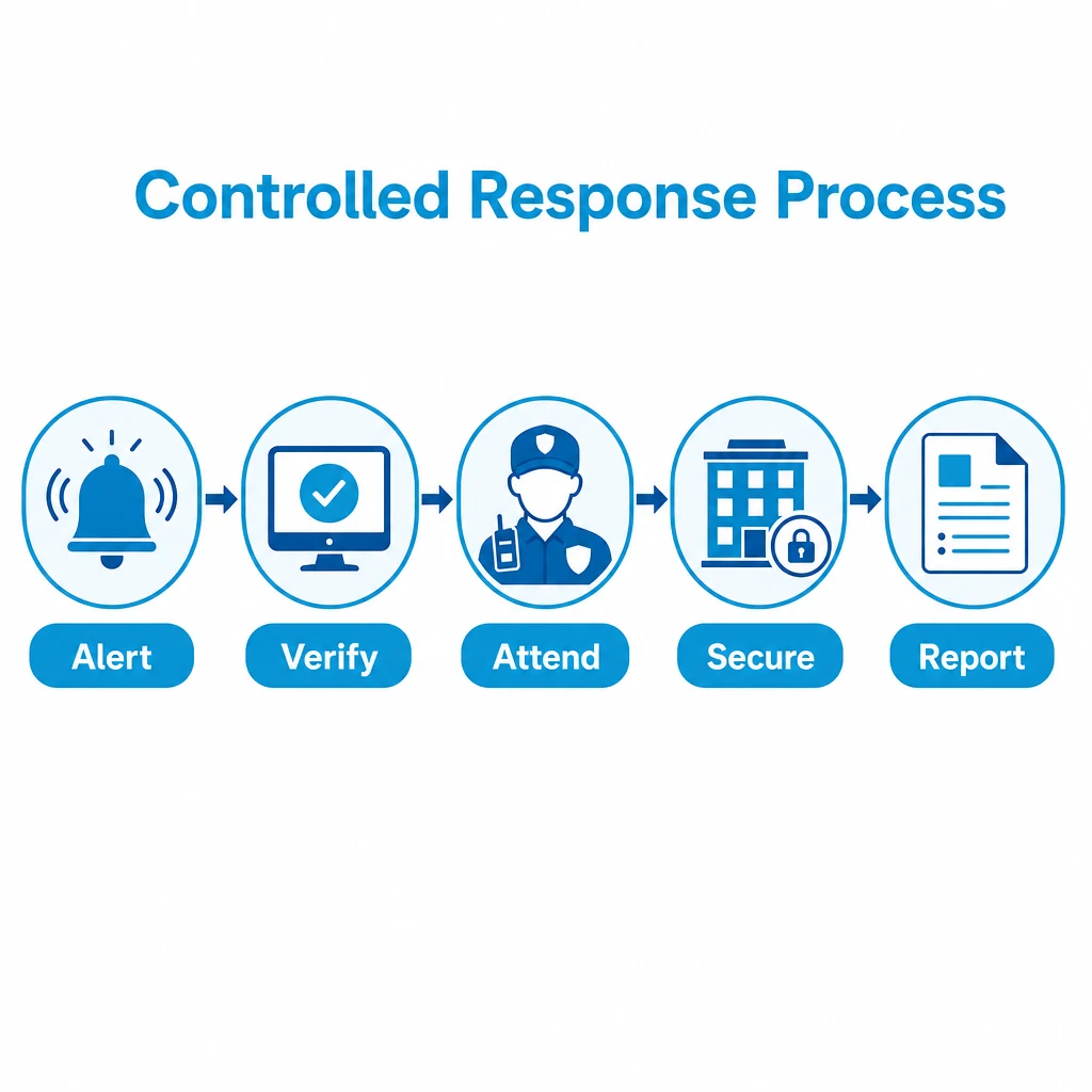 Graphic showing a controlled alarm response process from alert to report.