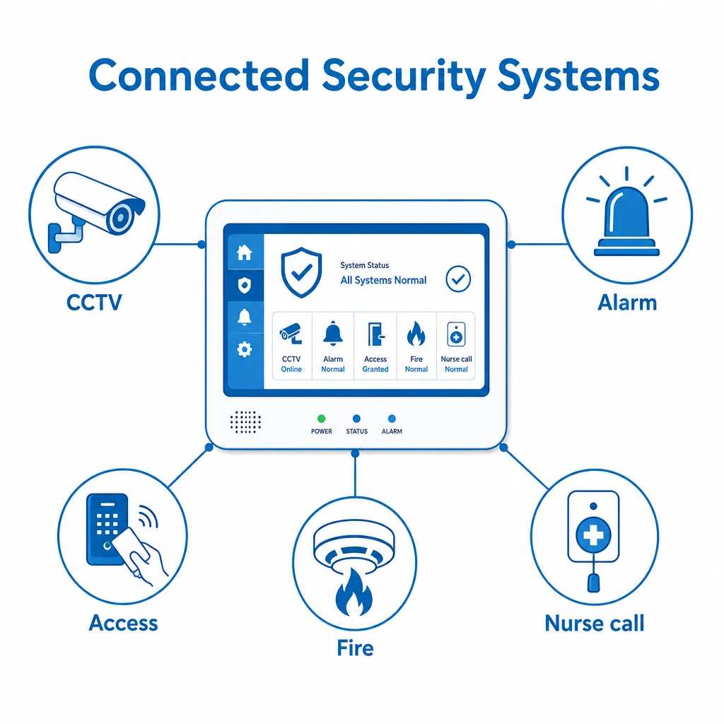 Graphic showing CCTV, alarms, access control, fire and nurse call linked to a control panel.
