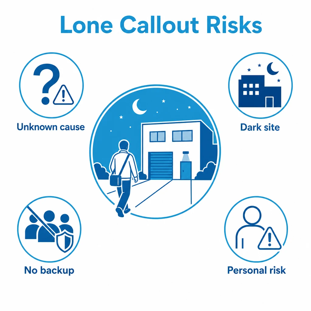 Graphic showing risks of a lone employee attending an alarm activation.