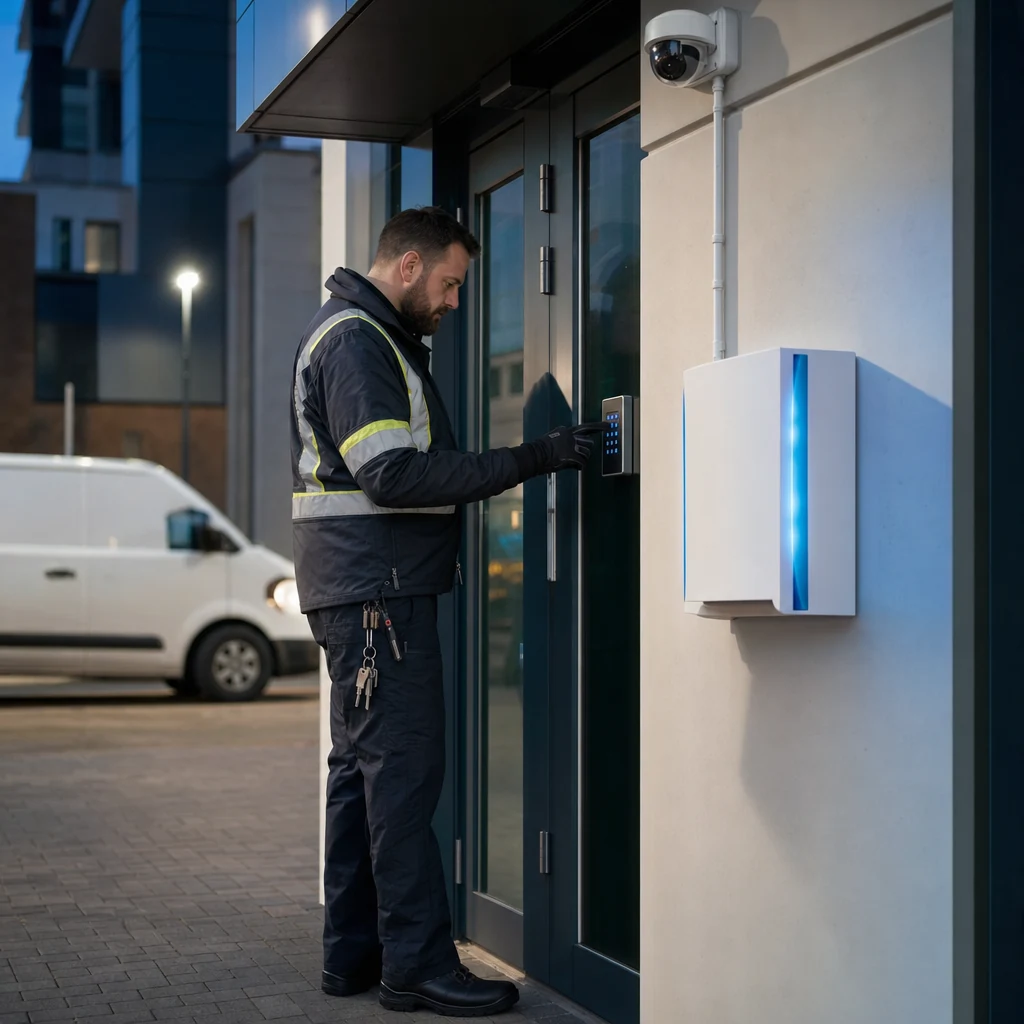 Professional engineer uses secure keys and access control during an alarm response.