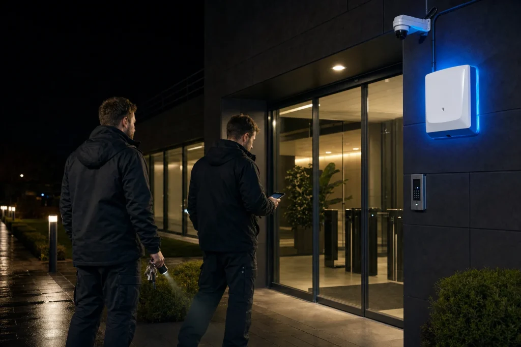 Two professional engineers attend a night alarm activation at a commercial entrance.