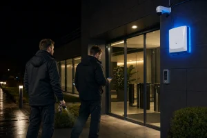 Two professional engineers attend a night alarm activation at a commercial entrance.