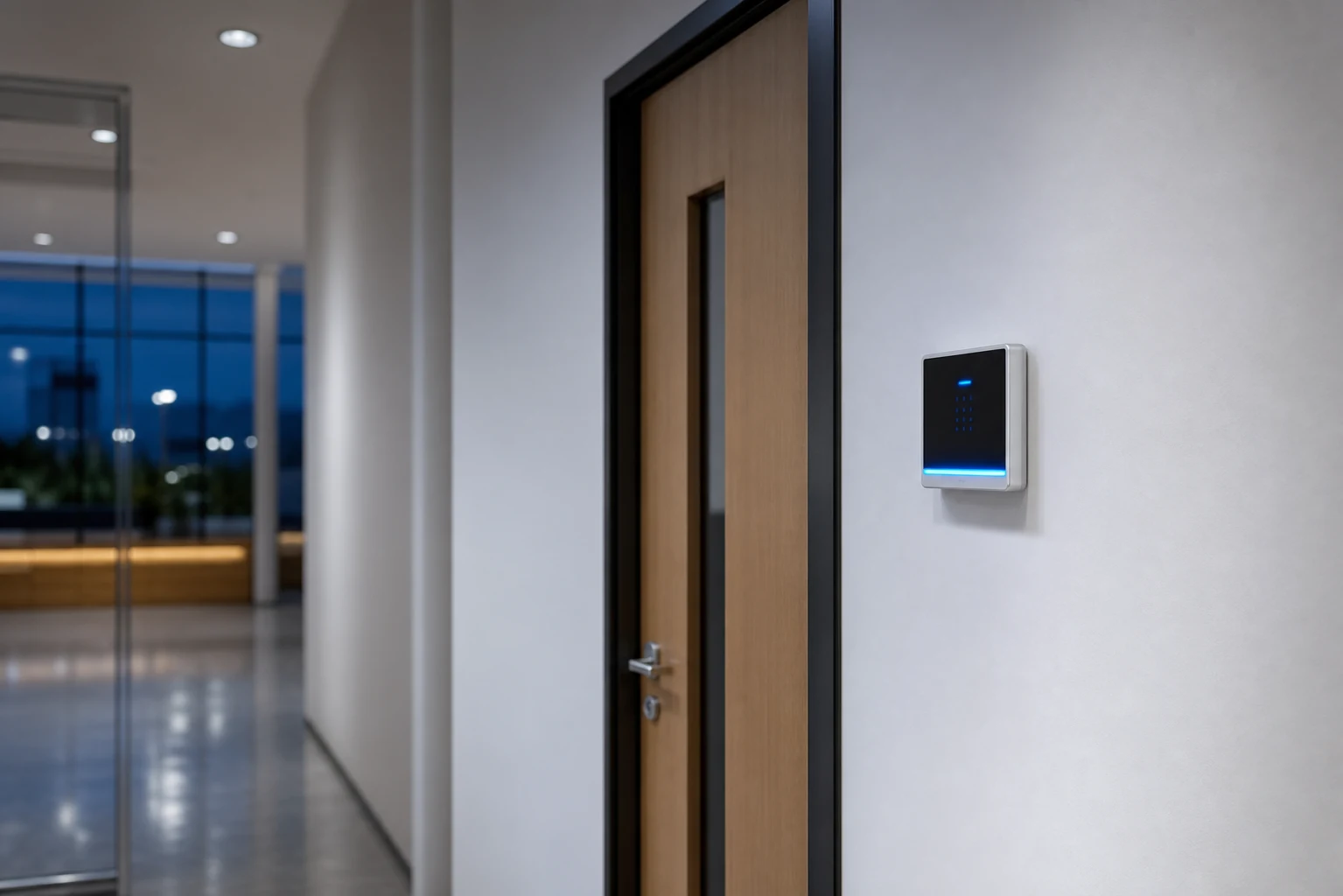 Clean commercial interior with a monitored security control panel by a locked door