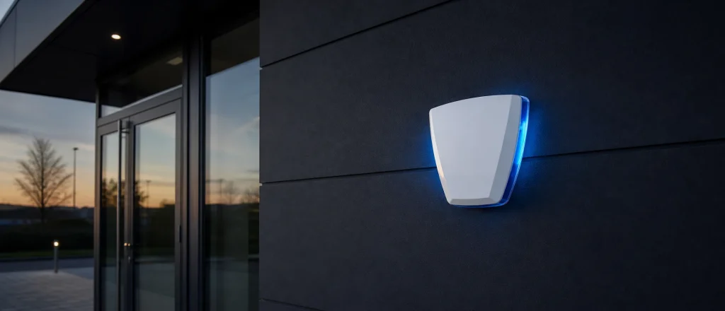 Monitored intruder alarm on a modern commercial building exterior at dusk