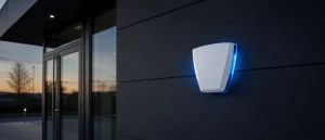 Monitored intruder alarm on a modern commercial building exterior at dusk