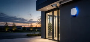 Modern commercial entrance with CCTV camera and blue-lit alarm unit