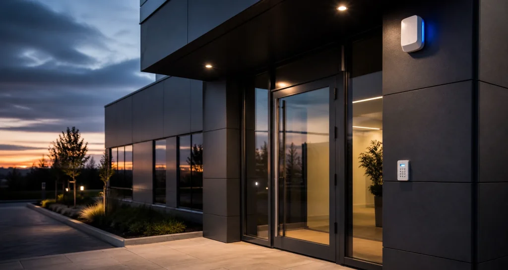 Modern commercial entrance with clean blue-lit access control installation.