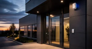 Modern commercial entrance with clean blue-lit access control installation.