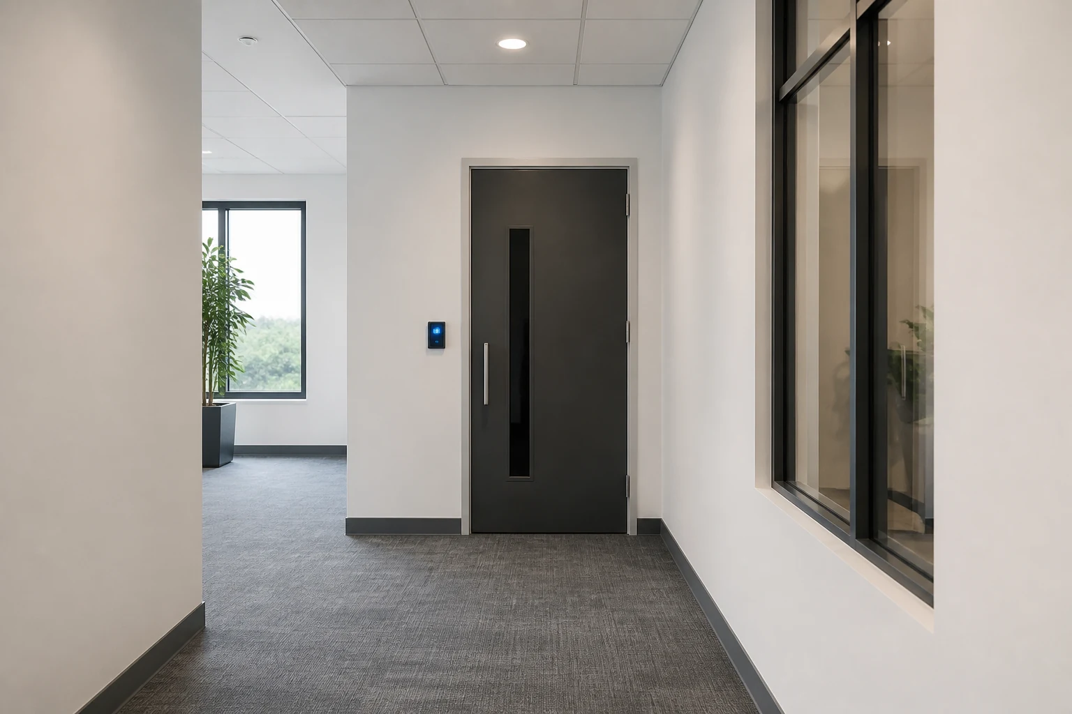 Secure office corridor with a clean blue-lit access reader by a staff door.