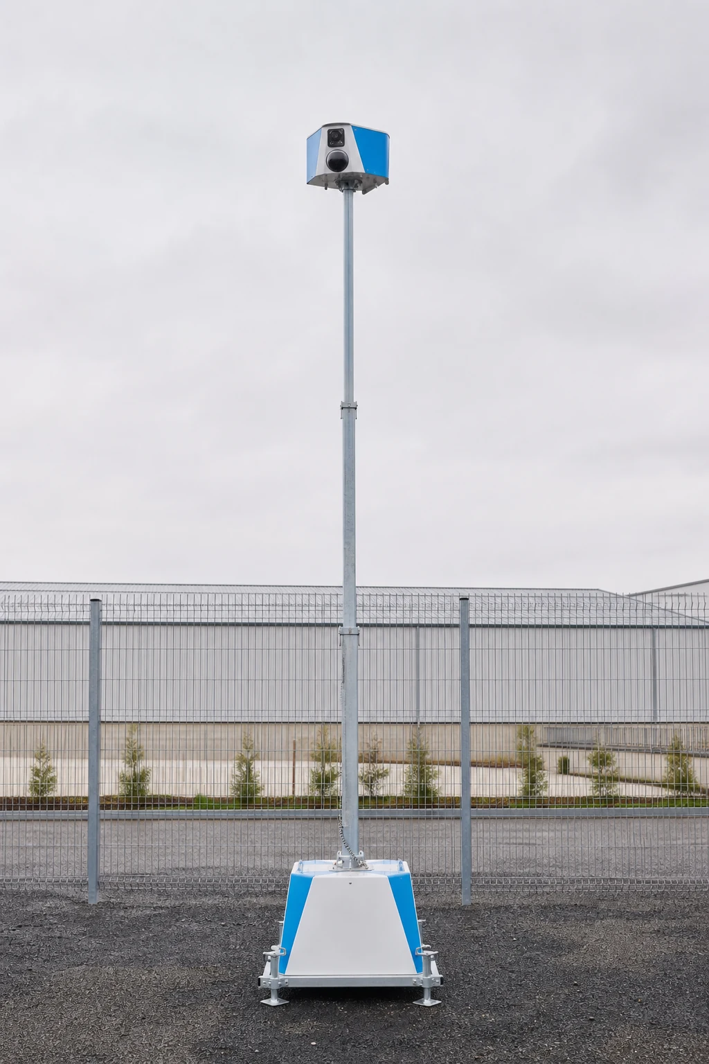 Temporary CCTV tower on a tidy fenced commercial site